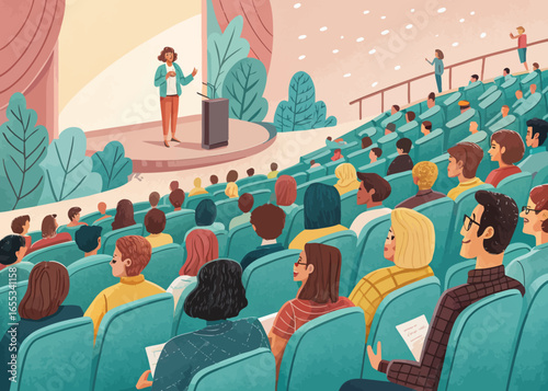 A large auditorium filled with people sitting in tiered seating facing a stage in a vector illustration format design file