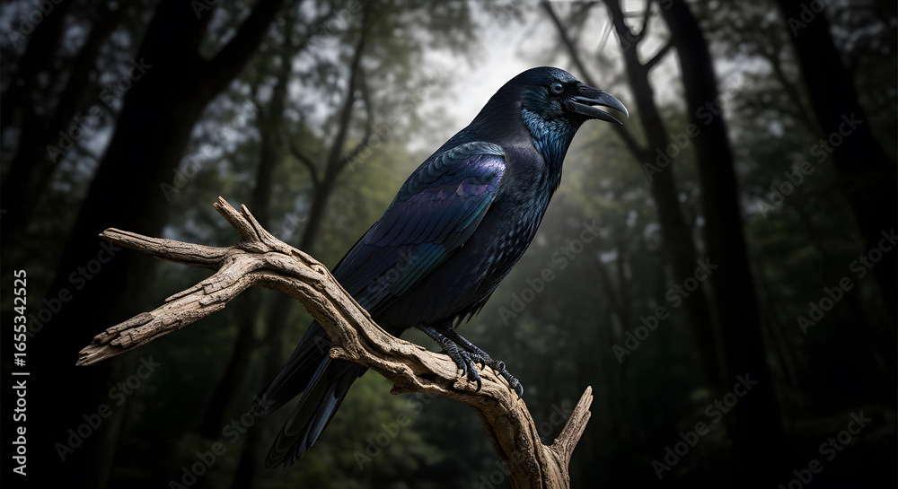 Naklejka premium Crow perched on a dry branch: iridescent feathers shining in the moonlight, dense forest background, piercing gaze, sense of foreboding.