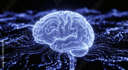 Glowing blue brain with connected dots and lines representing artificial intelligence and neural networks