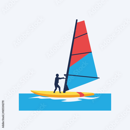 Person windsurfing on water with a red and blue sail.