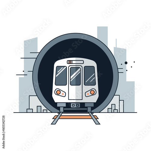 Subway train exiting a dark tunnel with city buildings in the background.