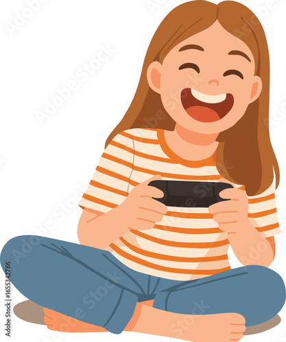 Happy girl sitting cross legged playing video game with controller, smiling child enjoying console gaming, fun leisure activity, young female gamer lifestyle, entertainment and digital play at home