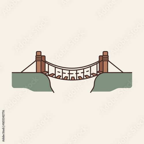 A simple suspension bridge spans a gap between two green landmasses.