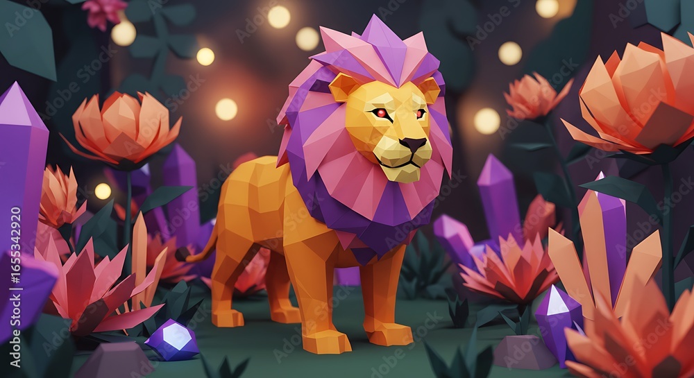 Naklejka premium Low Poly Lion Standing Amidst Flowers and Crystals