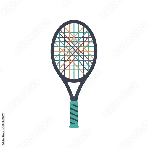 Tennis racket illustration with blue grip and strings on a white background.
