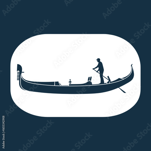 Silhouette of a gondola with a gondolier and passengers on white background.