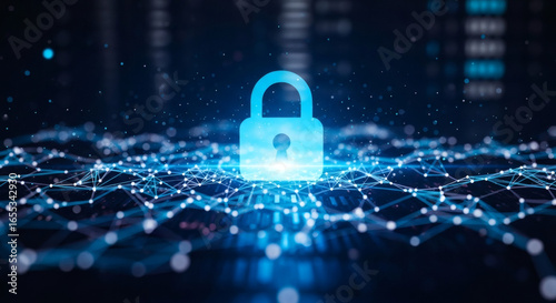 Wallpaper Mural A glowing blue padlock hovers above a network of interconnected nodes on a dark blue background Torontodigital.ca