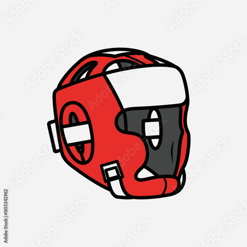 Red and white boxing headgear with gray padding isolated on white background.