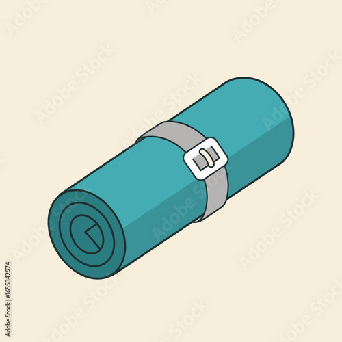 Rolled up turquoise yoga mat secured with a gray strap on beige background.