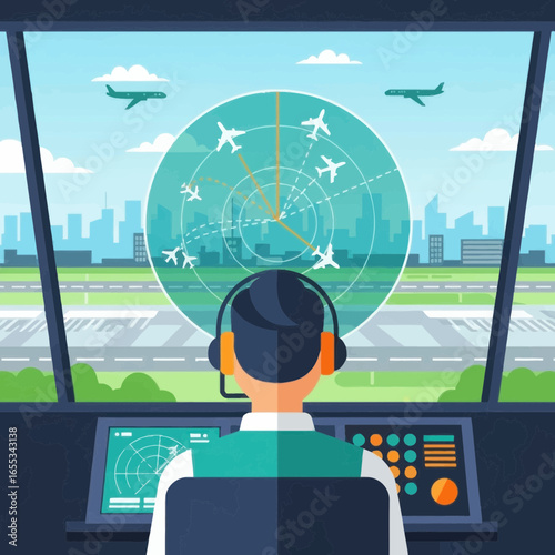 Air traffic controller monitors radar screen with airplanes and city skyline background.