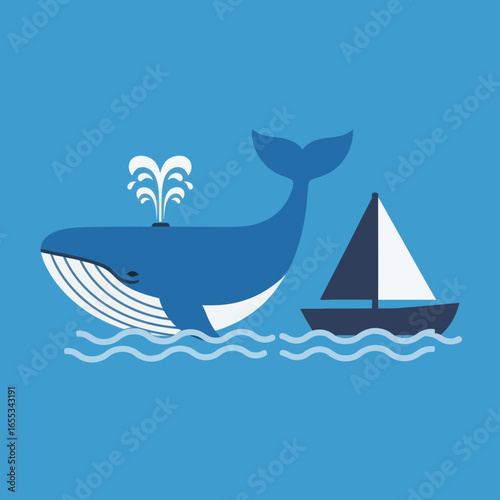 Blue whale spouting water near a sailboat on wavy water against a blue background.