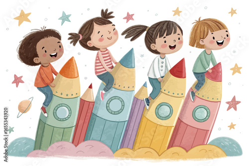 Vector illustration of five happy children with pigtails or short hair riding in a car showcasing family and childhood themes