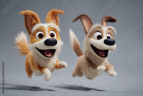 Wallpaper Mural Two adorable 3D rendered cartoon dogs with fluffy fur joyfully running and jumping side-by-side. Torontodigital.ca