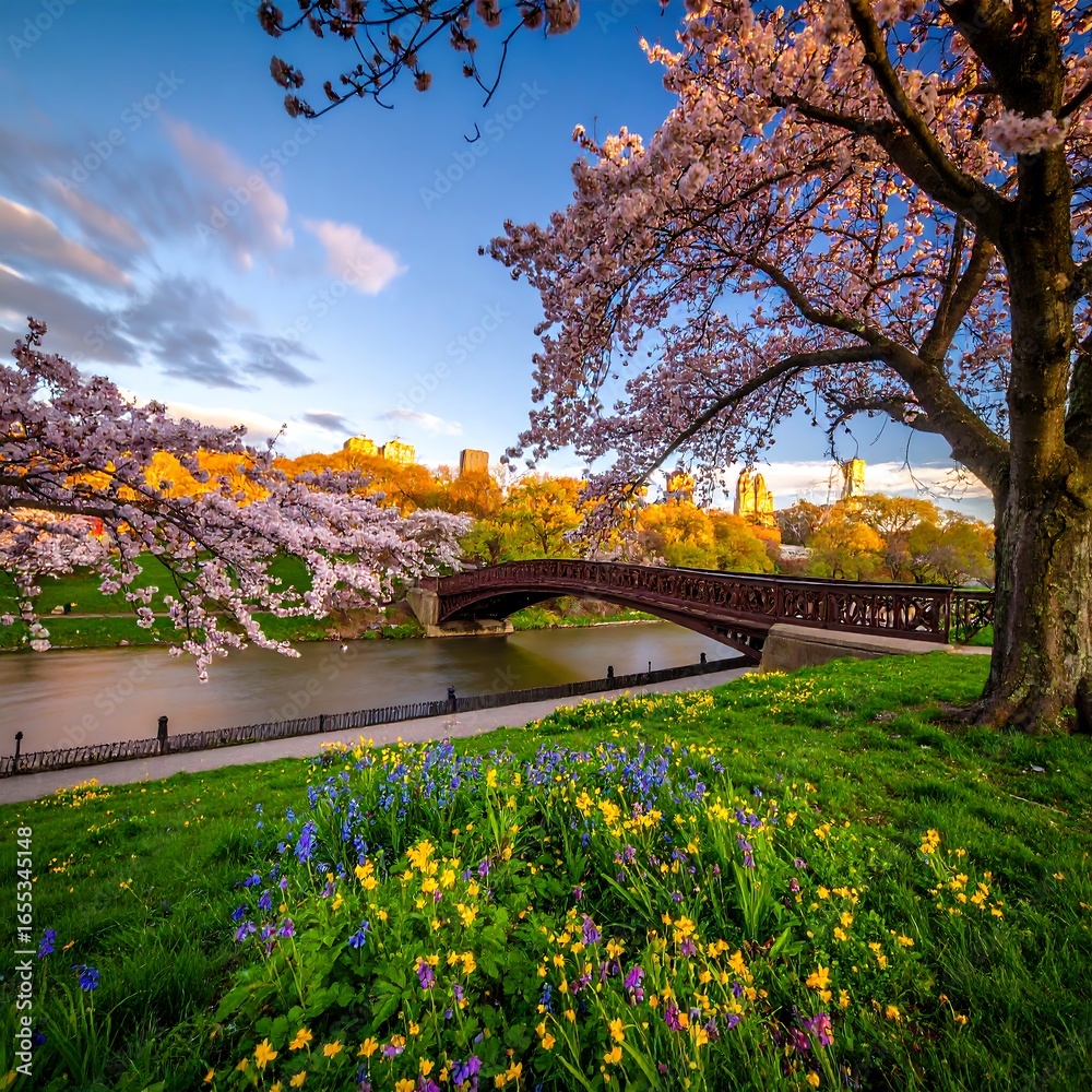 Obraz premium Spring blossoms over a river and city skyline
