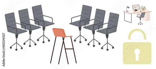 Office chairs in rows with one standout orange chair, workspace desk setup, and lock element. Ideal for teamwork, individuality, data protection, design, workplace, security conceptual visuals
