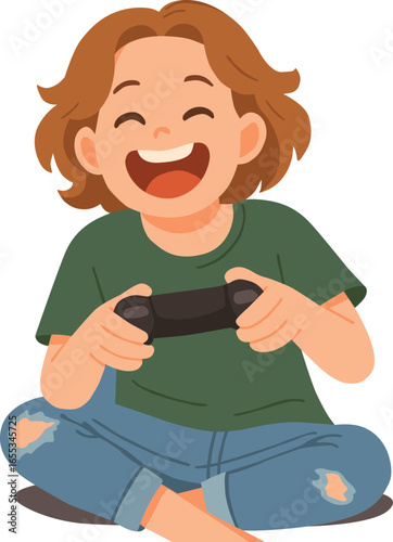 Happy boy sitting cross legged while holding game controller, smiling child enjoying video game at home, joyful gamer lifestyle, fun leisure activity, young player entertainment with console