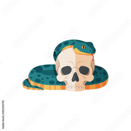 Skull and snake illustration on white background.