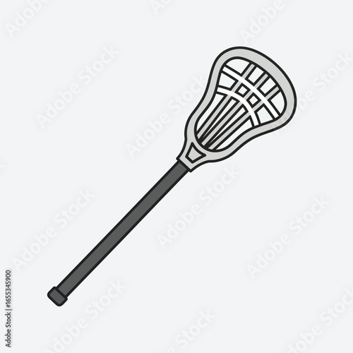 Lacrosse stick illustration with gray handle and white net on light background.