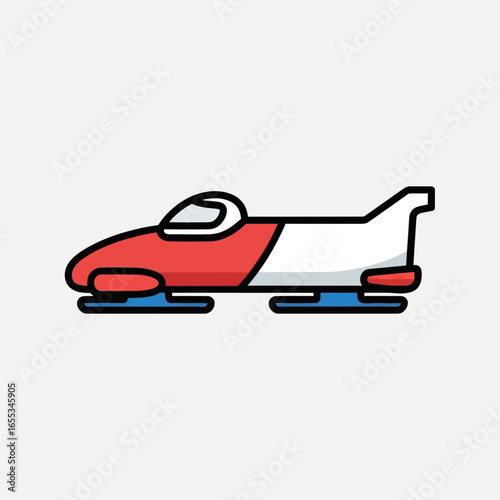 Red and white bobsleigh with helmet on a light background illustration.
