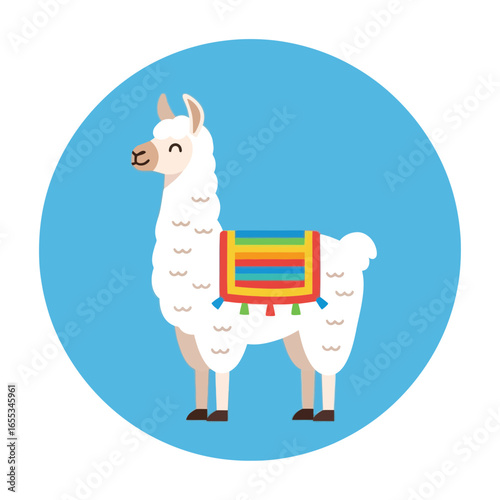 White llama with colorful saddle stands in a light blue circle.