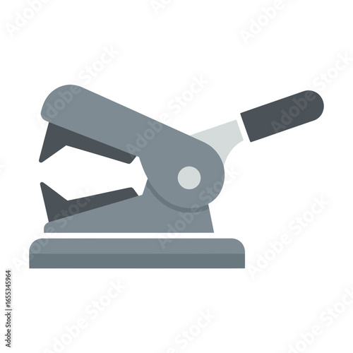 Gray staple remover tool with black handle and staple removing prongs.