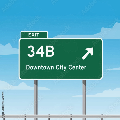 Green highway sign indicates exit 34b for downtown city center with arrow.