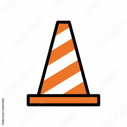 Orange traffic cone with white stripes and black outline on white background.