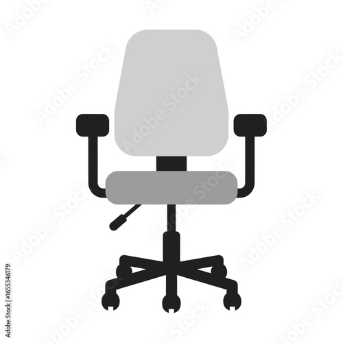 Office chair with wheels and armrests in a simple flat vector illustration.