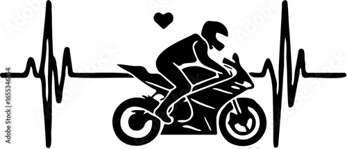 Black silhouette illustration of a motorcyclist riding a sport bike, integrated with a heartbeat line and a heart symbol, representing passion and love for motorcycles