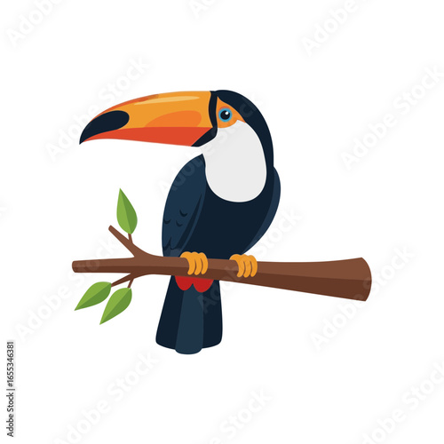 Cartoon toucan bird perched on a branch with leaves against white background.