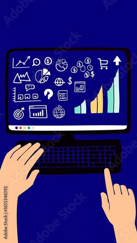 Computer displaying financial charts and analytics with hands on keyboard