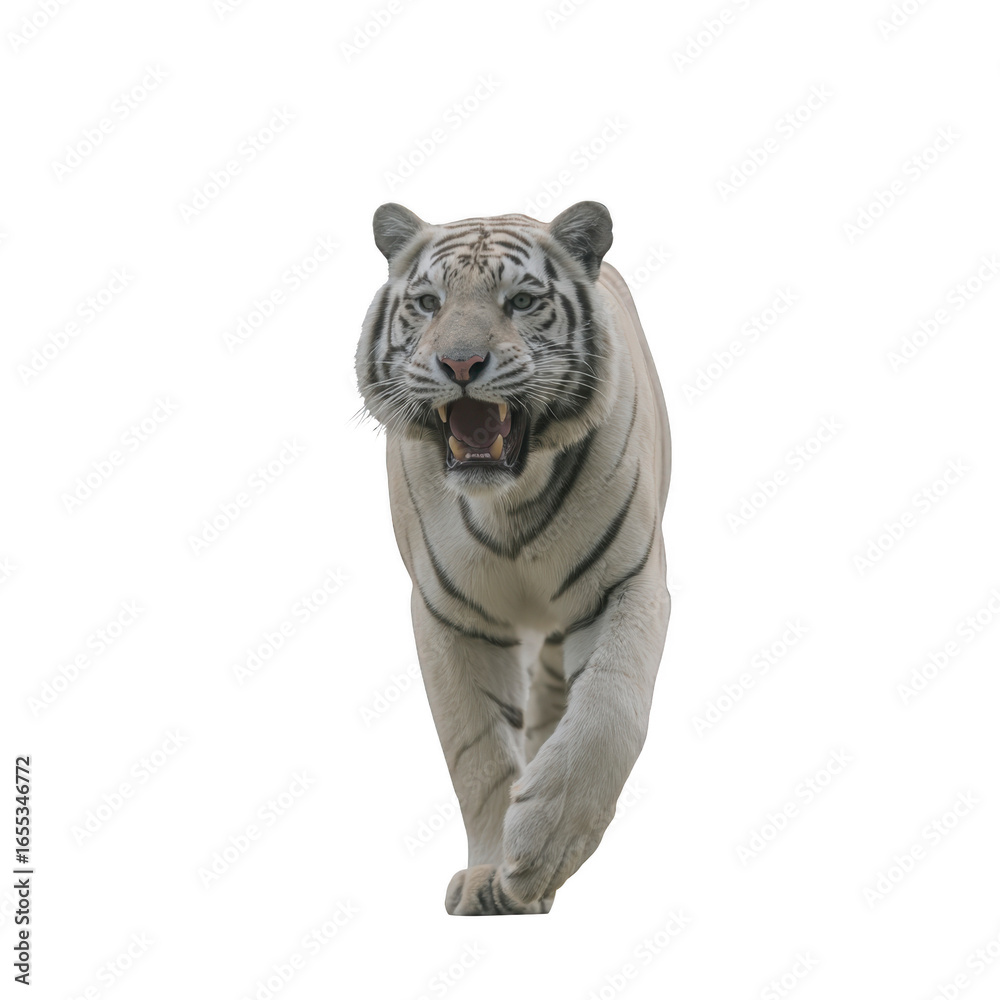 Obraz premium White tiger big cat predator walking isolated fierce wild animal endangered powerful majestic nature