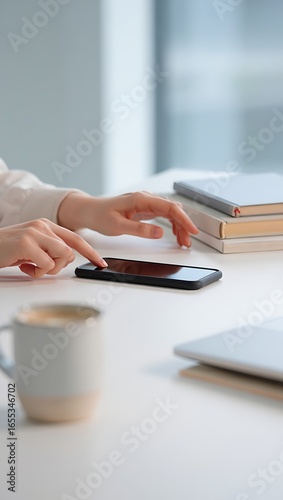 Hands touching a smartphone on a desk with books and coffee
