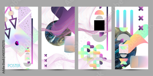 Set of abstract banners and hologram gradient background 90s, 80s retro style. Shades muted colors graphic template for brochure Textured grains