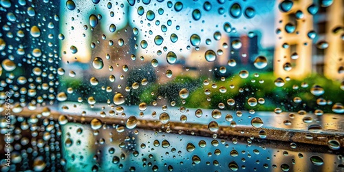 A captivating view of vibrant raindrops clinging to a windowpane, showcasing an array of colors and sizes, with a blurred cityscape backdrop