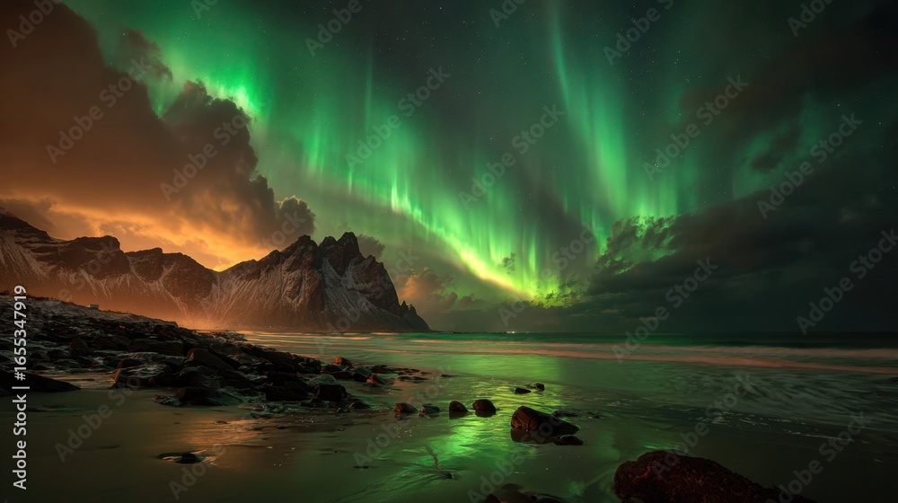 Naklejka premium Aurora Borealis: Witness the mesmerizing spectacle of the Northern Lights dance across the night sky, casting an ethereal glow over a tranquil coastal landscape.