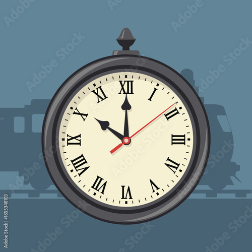 Pocket watch with roman numerals against a train silhouette on blue background.