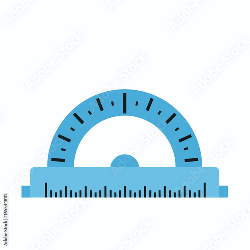 Blue protractor with degree markings and ruler on a white background.