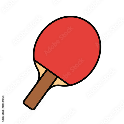 A red ping pong paddle with a brown handle isolated on white.