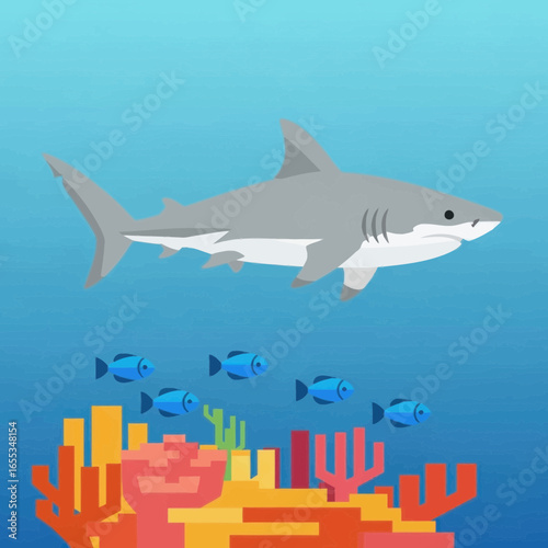 Cartoon shark swimming above coral reef with small blue fish in ocean.