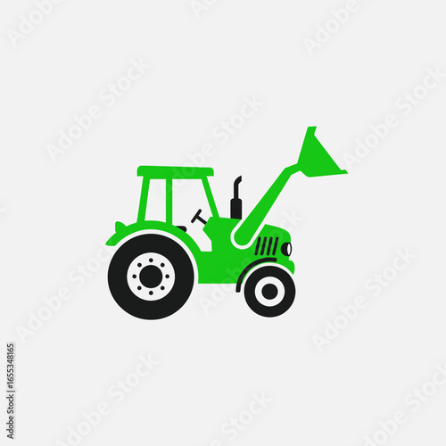 Green tractor with a front loader on a white background simple illustration.