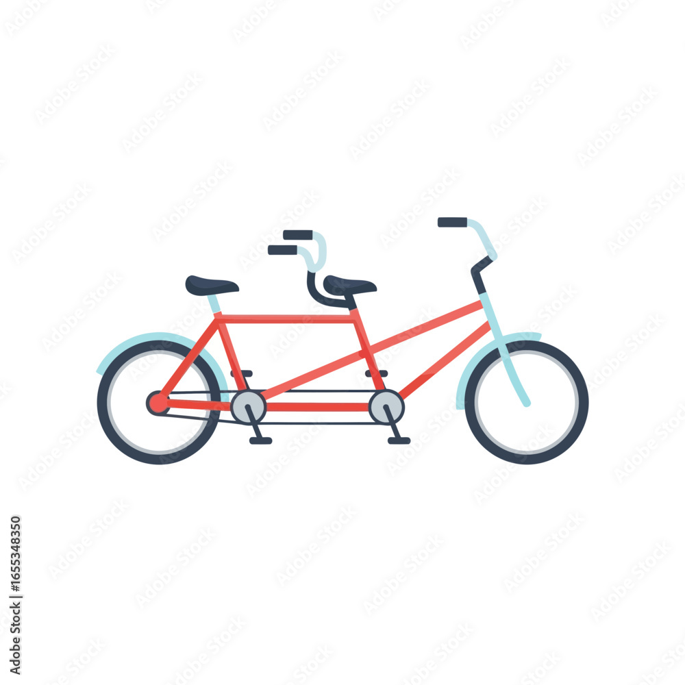 Fototapeta premium A red tandem bicycle with two seats and handlebars on a white background.