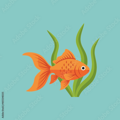 Orange goldfish swims near green seaweed against a light blue background.