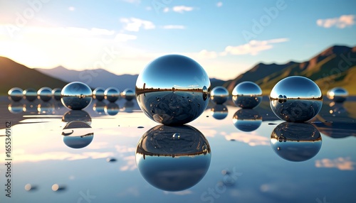 Polished metallic spheres, mirroring a serene landscape, are balanced on a placid water surface, creating a tranquil and visually captivating scene.