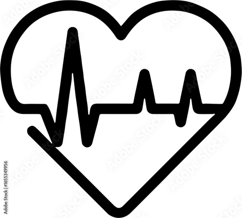 Minimalist black outline illustration of a heart with an electrocardiogram (ECG) line inside, symbolizing health, love, life, and medical care. Perfect for healthcare, fitness, cardiology, and wellnes