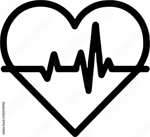 Minimalist black outline illustration of a heart with an electrocardiogram (ECG) line inside, symbolizing health, love, life, and medical care. Perfect for healthcare, fitness, cardiology, and wellnes