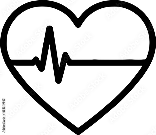 Minimalist black outline illustration of a heart with an electrocardiogram (ECG) line inside, symbolizing health, love, life, and medical care. Perfect for healthcare, fitness, cardiology, and wellnes