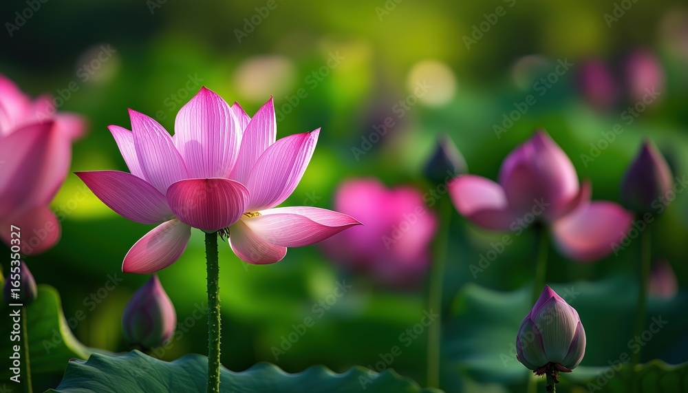 Fototapeta premium Continuous Bloom Of Lotus Flower: A Never-Ending Display Of Beauty And Elegance. Lotus Flower In Constant Bloom: Endless Beauty Unfolding