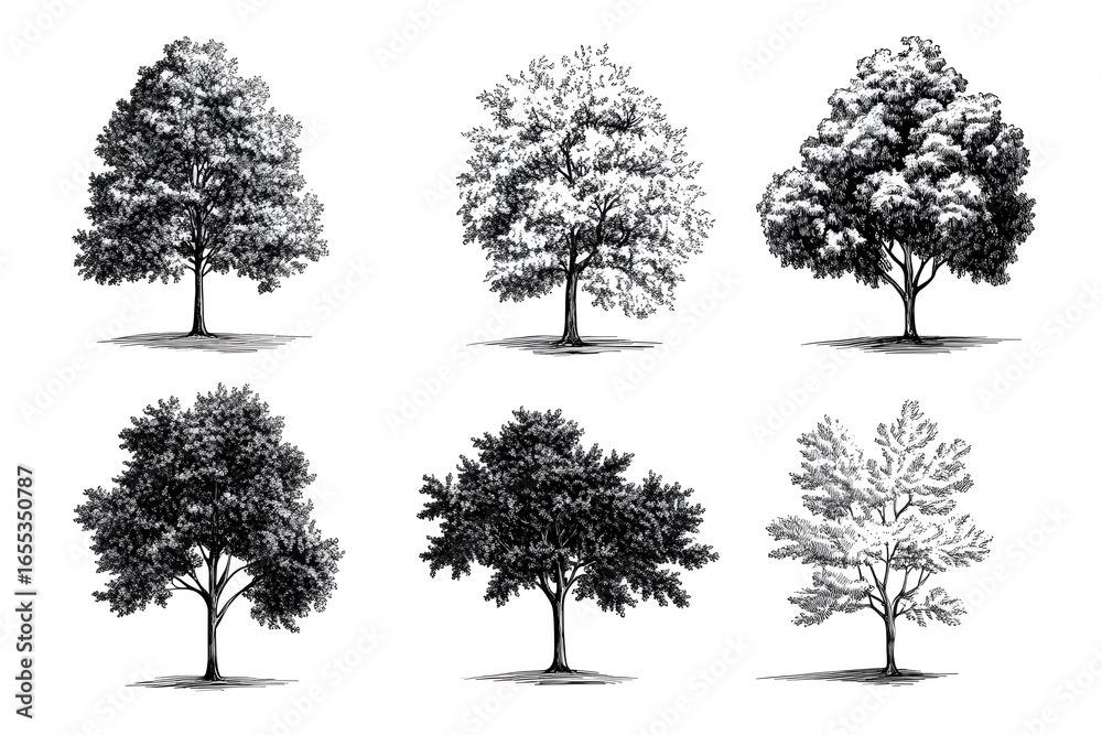 Fototapeta premium Stylized vector line drawing of trees in black and white, isolated on a plain white background.