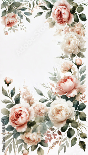 Fototapeta Naklejka Na Ścianę i Meble -  A soft watercolor floral frame design in a tall vertical format, featuring blush pink and cream roses and peonies surrounded by delicate green foliage. 